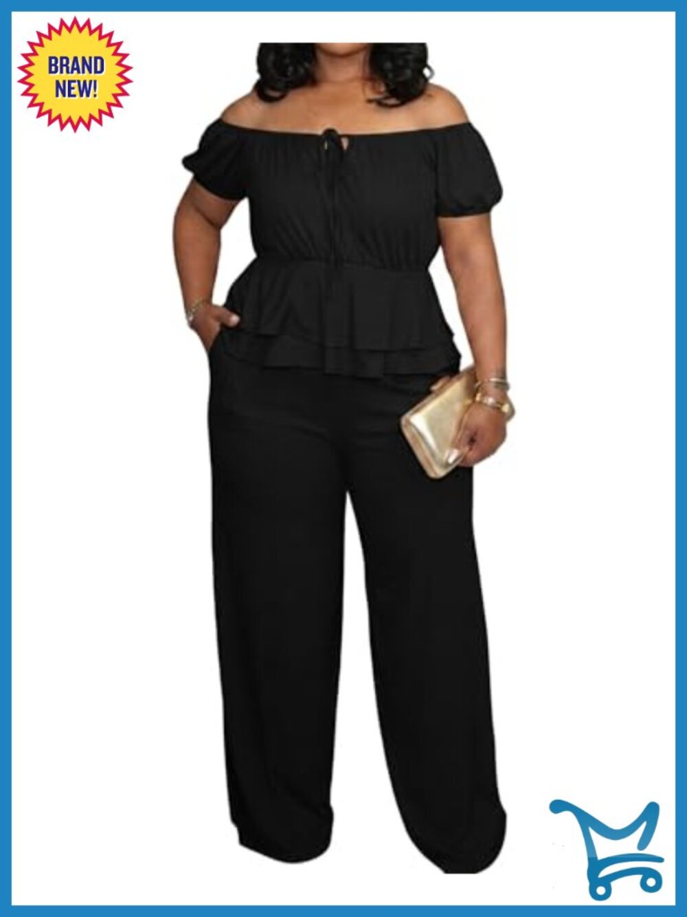 Plus Size 2 Piece Set Off Shoulder Peplum Top Wide Leg Pants Casual